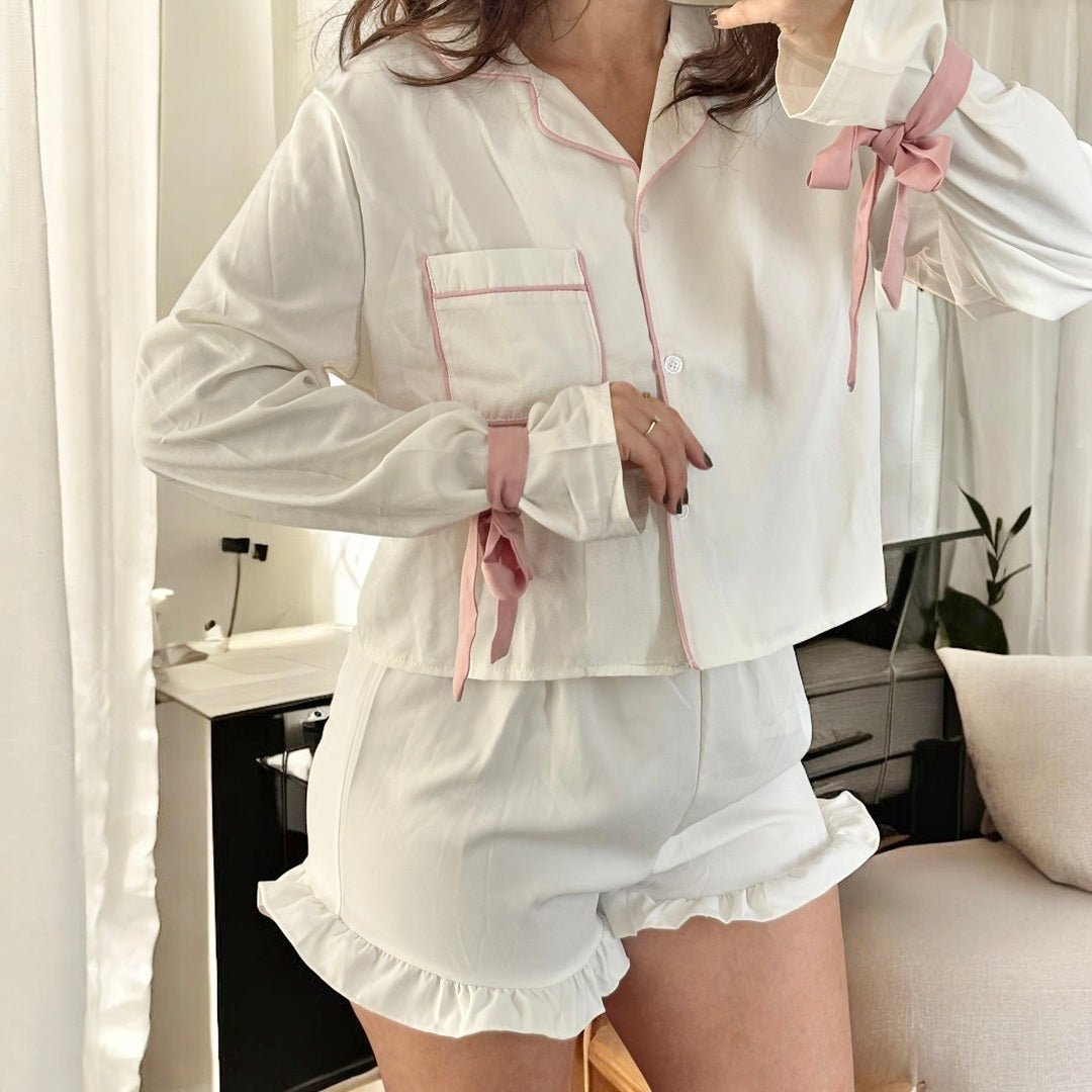 Schlafanzug Damen | Langarm & Shorts | Schleifen Details-HauteBerlin