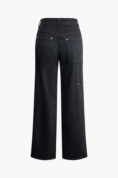 Schwarze Jeans – Hohe Taille – Nietenverzierung – Weite Hosenbeine – Weite Damenjeans-HauteBerlin