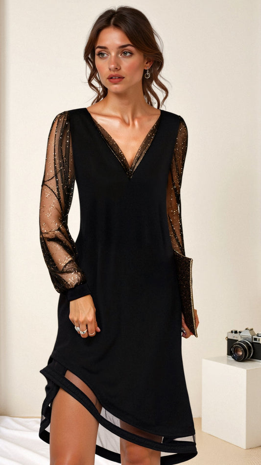 Schwarzes Kleid | Mesh-Ärmel | Langarm | Abendkleid | V-Ausschnitt-HauteBerlin