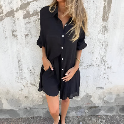 Set – Oversize – Knopfleiste – Set aus Bluse und Shorts – Sommer-Set für Damen-HauteBerlin