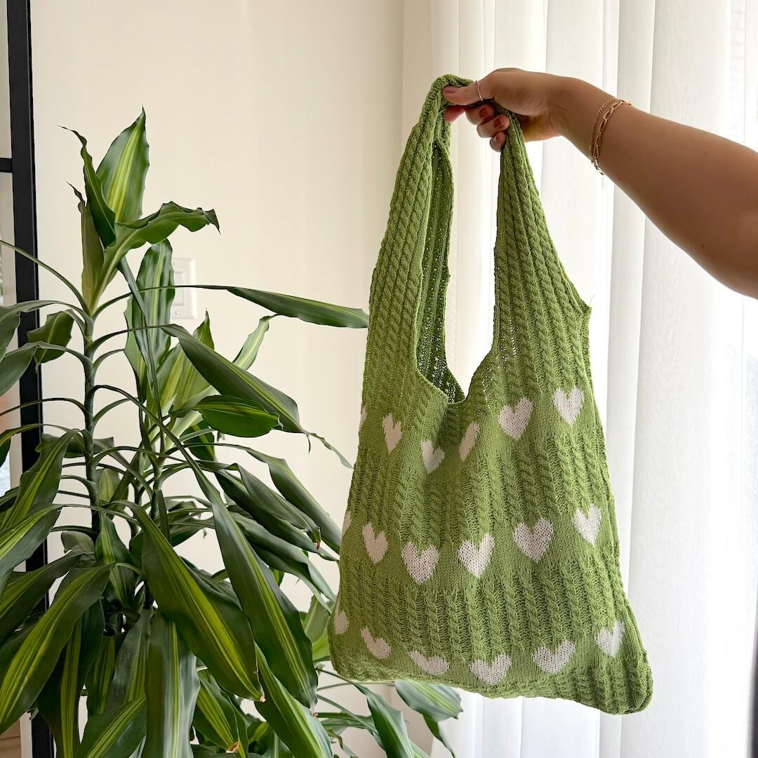 Shopper Tasche Damen | Gehäkelt mit Herzen | Sommer Strick-HauteBerlin