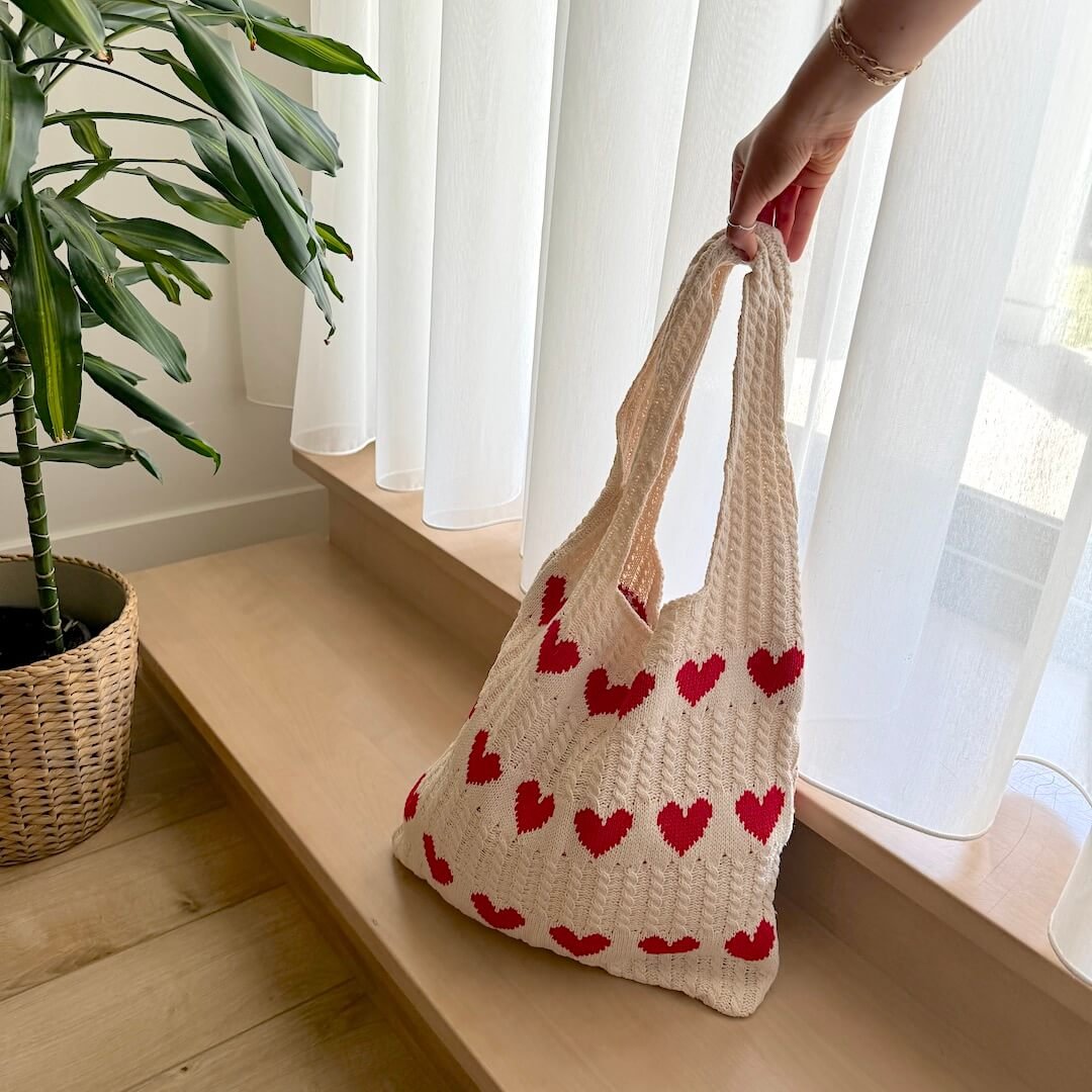 Shopper Tasche Damen | Gehäkelt mit Herzen | Sommer Strick-HauteBerlin
