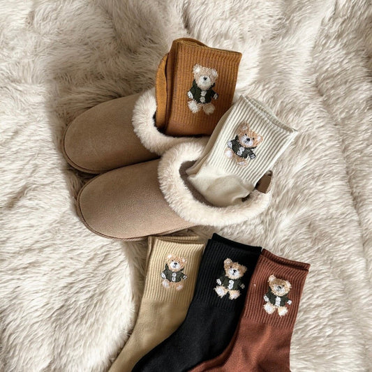 Socken Damen | Bestickt mit Bär | 5 Paar Baumwolle-HauteBerlin
