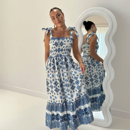 Sommerkleid Damen | Blaues Muster | Trägerkleid-HauteBerlin