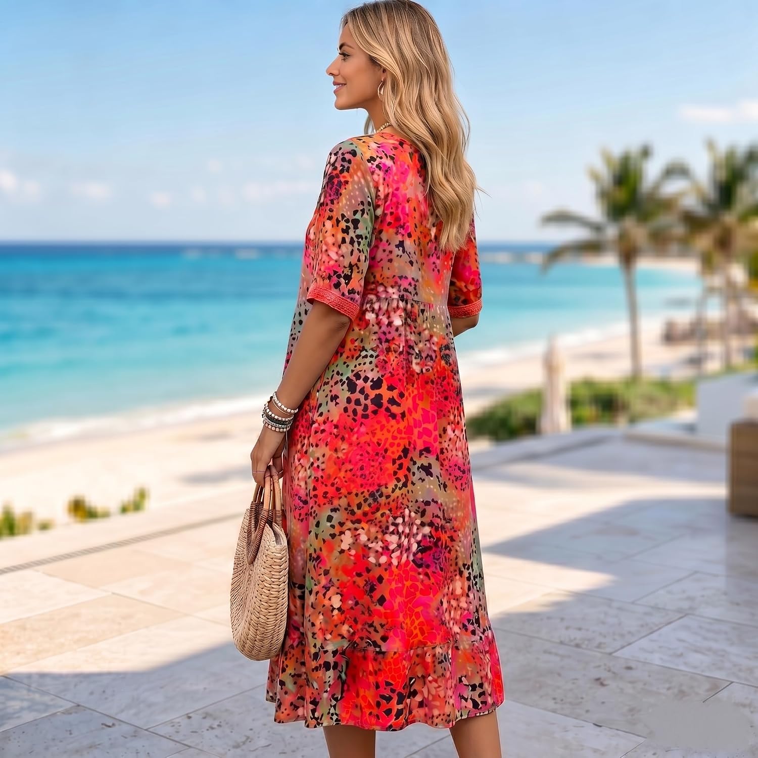 Sommerkleid Damen: Boho Midikleid mit V-Ausschnitt und Taschen-HauteBerlin