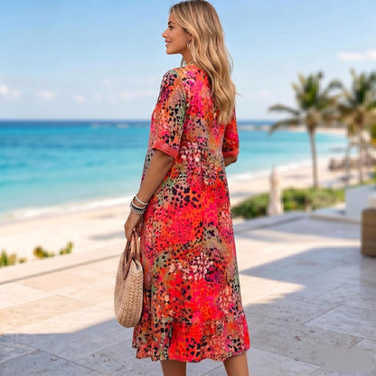 Sommerkleid Damen: Boho Midikleid mit V-Ausschnitt und Taschen-HauteBerlin