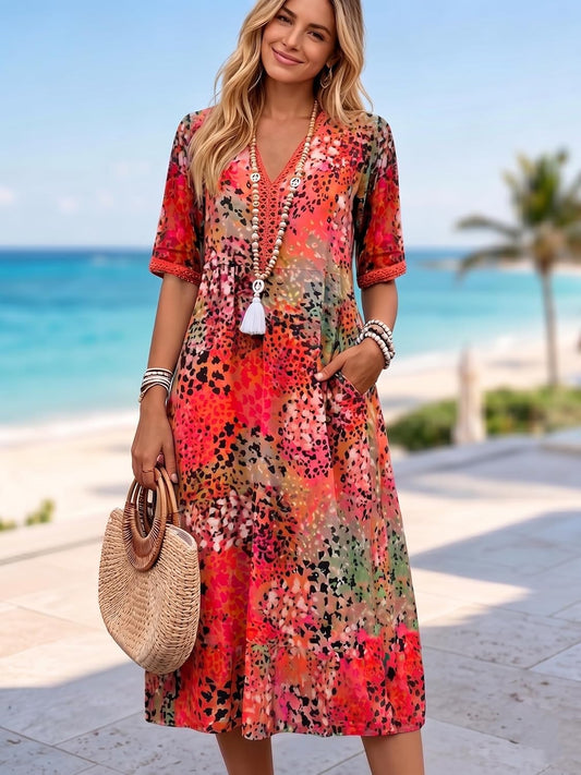 Sommerkleid Damen: Boho Midikleid mit V-Ausschnitt und Taschen-HauteBerlin