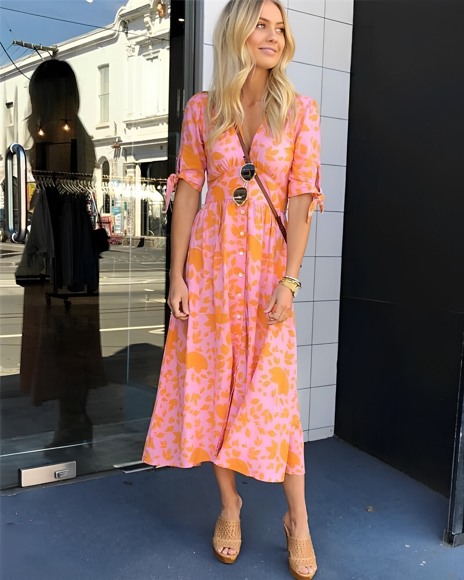 Sommerkleid | Orange | Kurzarm | Knopfkleid | Midi-Kleid-HauteBerlin