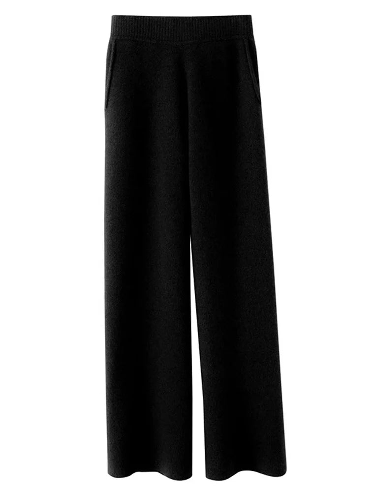 Strickhose - Casual - Elastische Taille - Weite Hosenbeine - Damen-Lounge-Hose-HauteBerlin