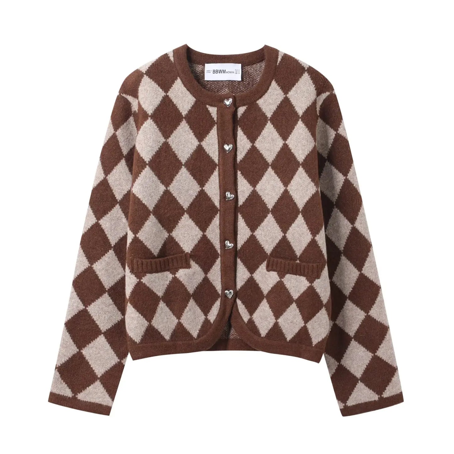 Strickjacke – Rautenmuster – Karomuster – Knopfleiste – Damenstrickjacke-HauteBerlin