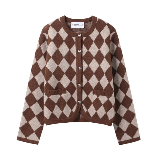 Strickjacke – Rautenmuster – Karomuster – Knopfleiste – Damenstrickjacke-HauteBerlin