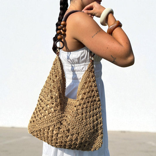 Strohtasche Damen | Geflochtene Strandtasche | Holzperlen-HauteBerlin