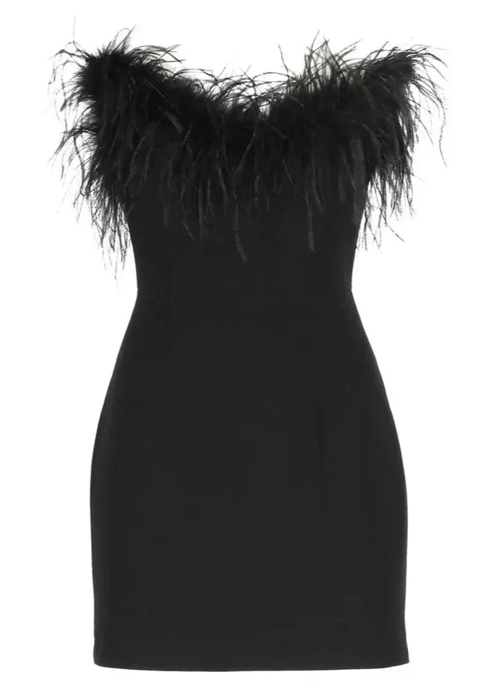 Trägerloses Kleid - Feder - Bodycon - Schwarzes Minikleid - Partykleid-HauteBerlin