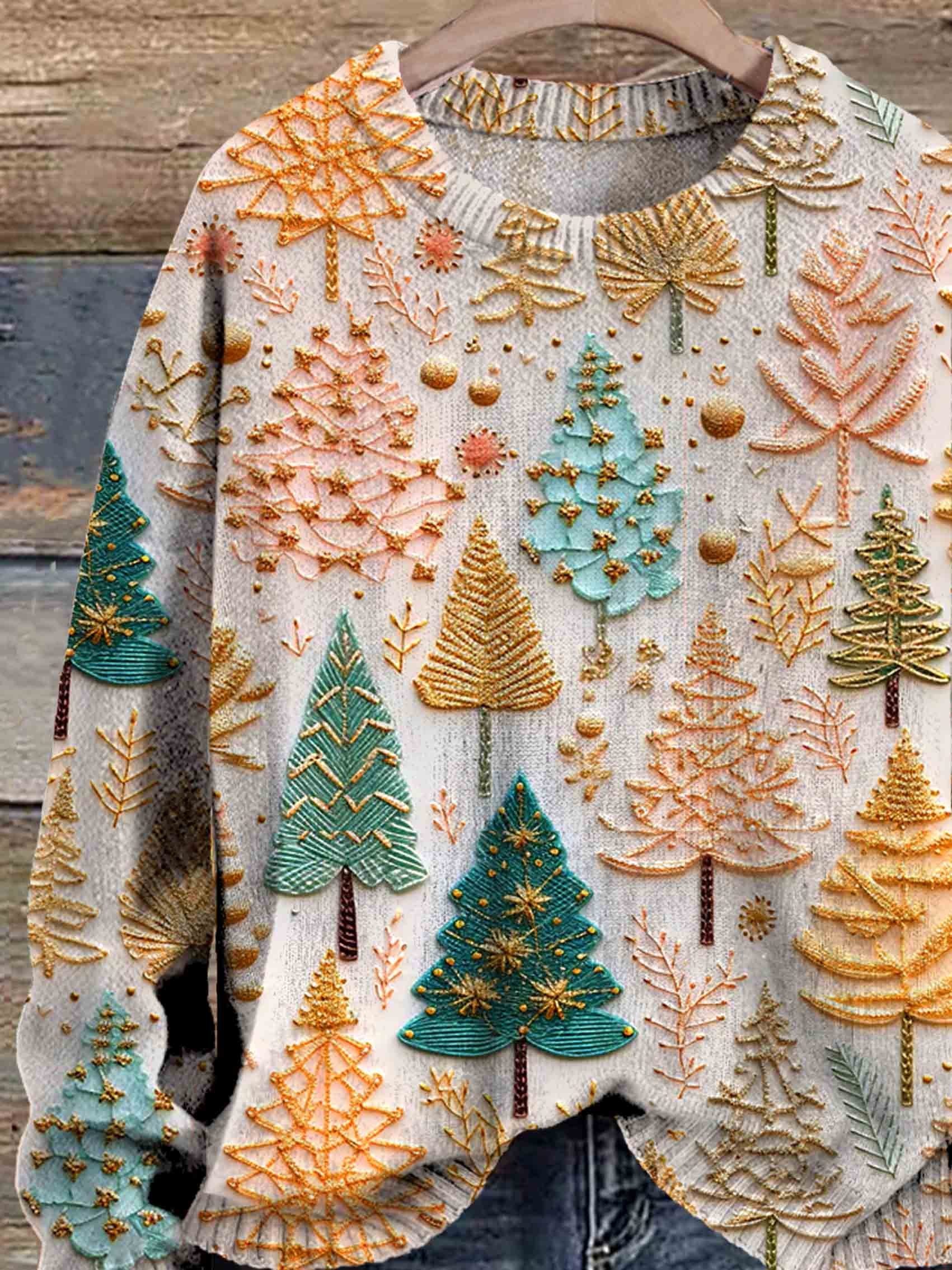 Weihnachtspullover – locker geschnittener, gestrickter Weihnachtspullover für Damen mit Weihnachtsbaum-HauteBerlin