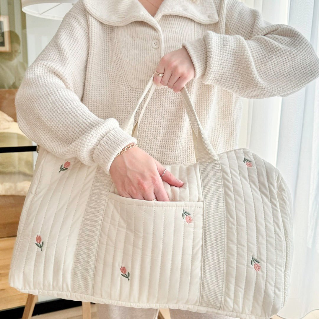 Wickeltasche - Gesteppt Bestickt Creme Reisetasche Baby-HauteBerlin