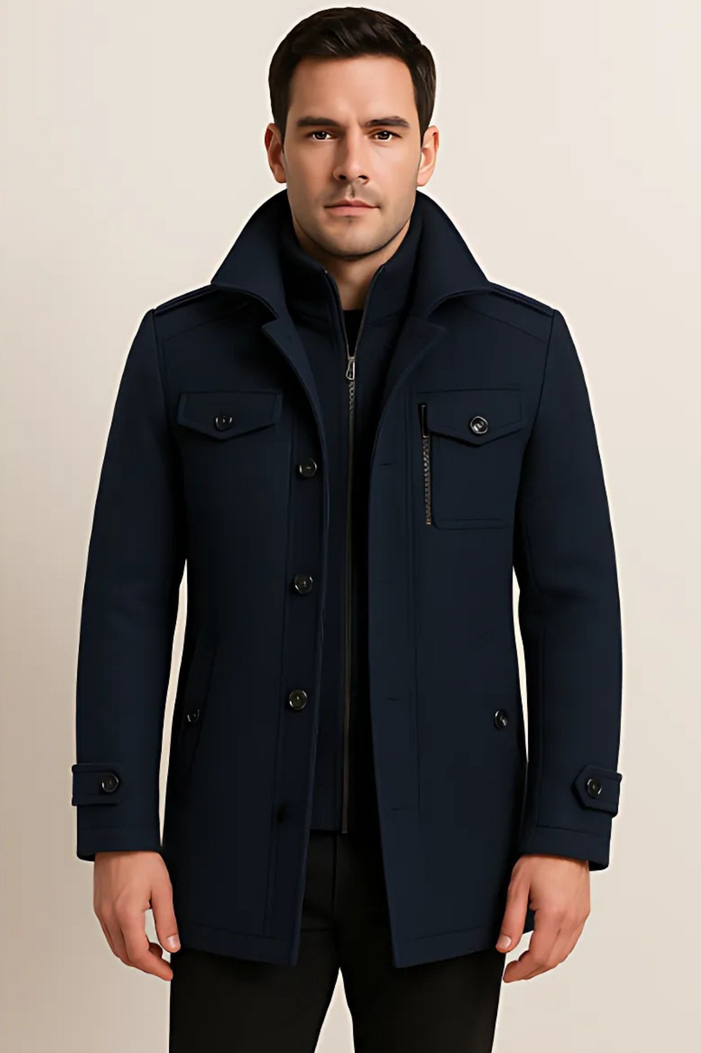 Winterjacke – Herrenjacke aus Wolle mit Reißverschluss und einreihiger Knopfleiste-HauteBerlin