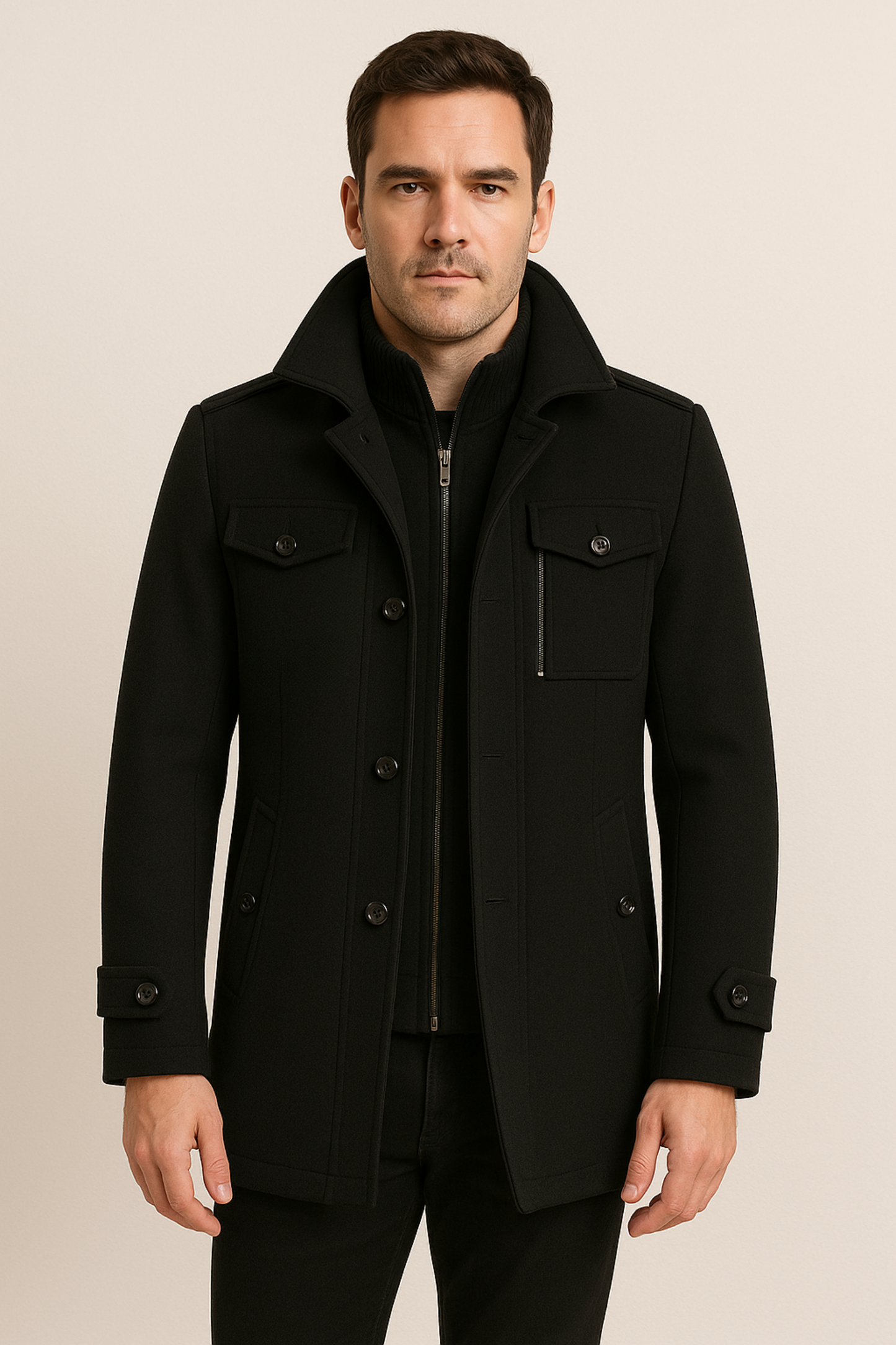 Winterjacke – Herrenjacke aus Wolle mit Reißverschluss und einreihiger Knopfleiste-HauteBerlin
