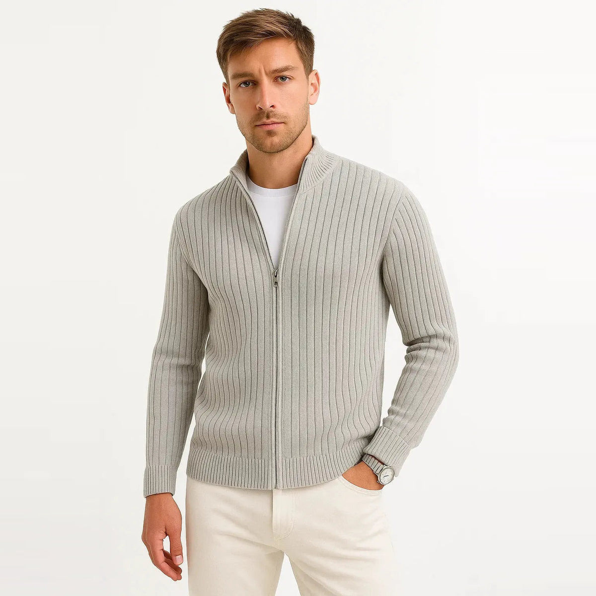 Strickjacke Herren – Gerippter Cardigan mit Reißverschluss und Stehkragen-HauteBerlin