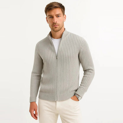 Strickjacke Herren – Gerippter Cardigan mit Reißverschluss und Stehkragen-HauteBerlin