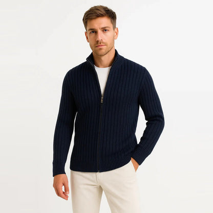 Strickjacke Herren – Gerippter Cardigan mit Reißverschluss und Stehkragen-HauteBerlin