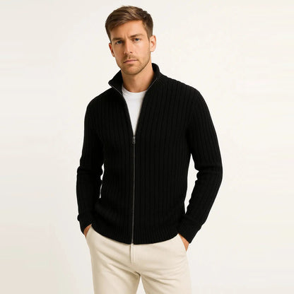 Strickjacke Herren – Gerippter Cardigan mit Reißverschluss und Stehkragen-HauteBerlin