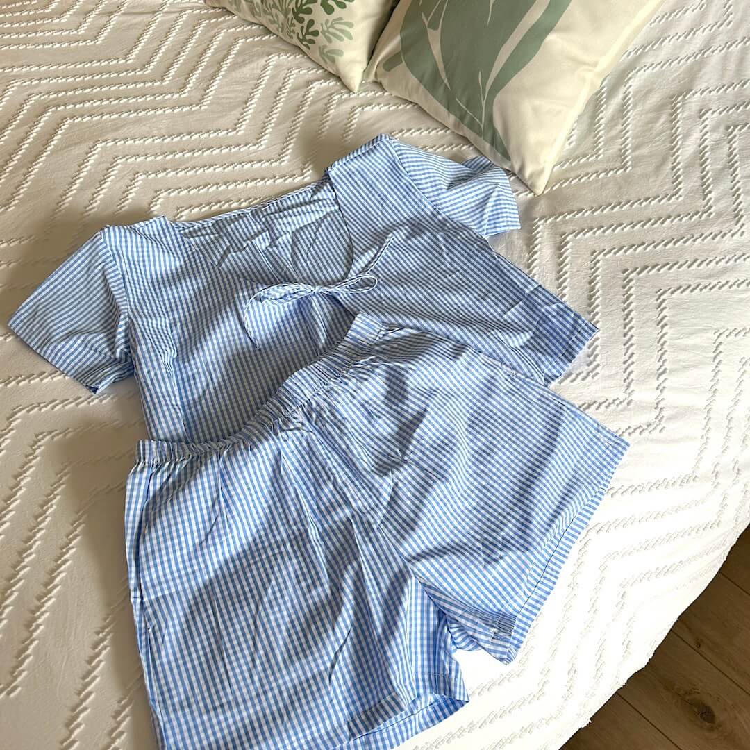 Zweiteiler Damen | Blau-Weiß Gestreift | Top & Shorts Sommer Set-HauteBerlin