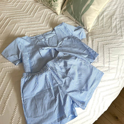 Zweiteiler Damen | Blau-Weiß Gestreift | Top & Shorts Sommer Set-HauteBerlin