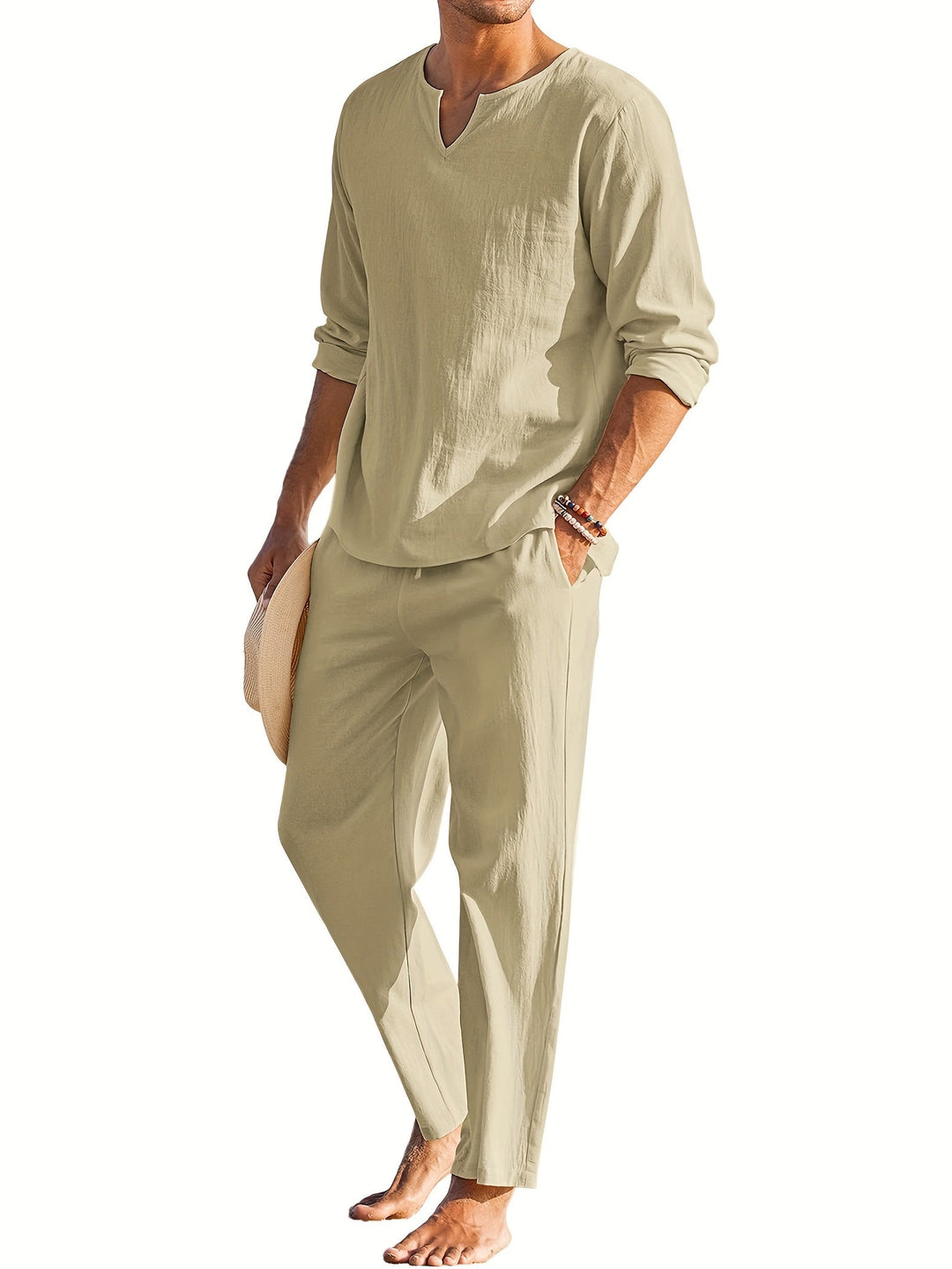 Zweiteiliges Leinenset - Casual - Langarm - Leinen Co Ord - Herren Sommerkleidung-HauteBerlin
