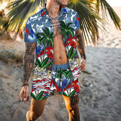 Zweiteiliges Set - Herren Kurzarm-Hawaiihemd Sommer Shorts Set-HauteBerlin