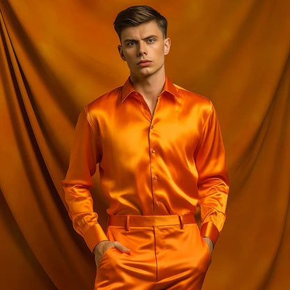 Herrenhemd in Orange mit Satin-Optik und langen Ärmeln