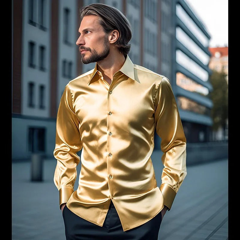 Herrenhemd in Gold mit Satin-Optik und langen Ärmeln