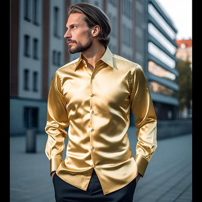 Herrenhemd in Gold mit Satin-Optik und langen Ärmeln