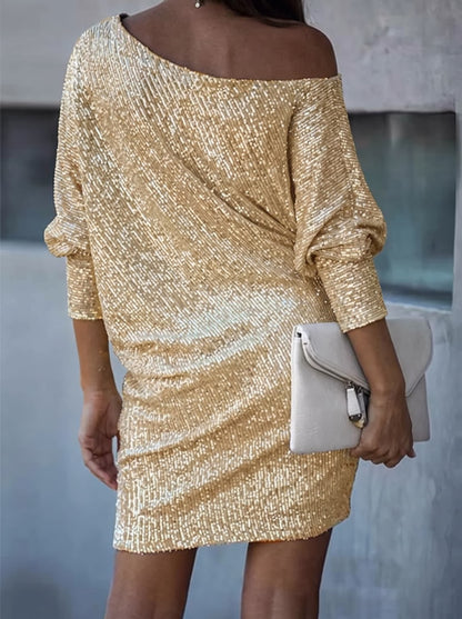 Paillettenkleid Damen – Langarm Minikleid mit schrägem Ausschnitt
