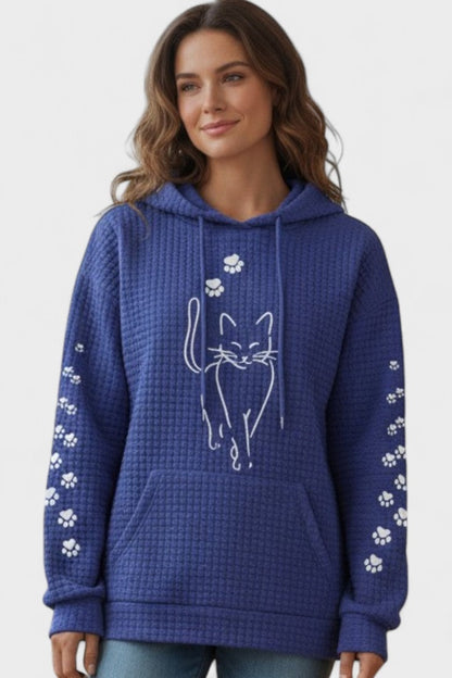 Marineblauer Hoodie mit weißer Katzenzeichnung und Pfoten an den Ärmeln