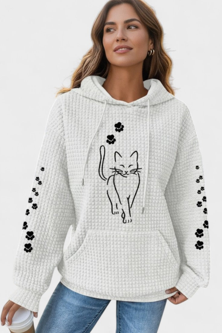 Weißer Hoodie mit schwarzem Katzen- und Pfotenprint