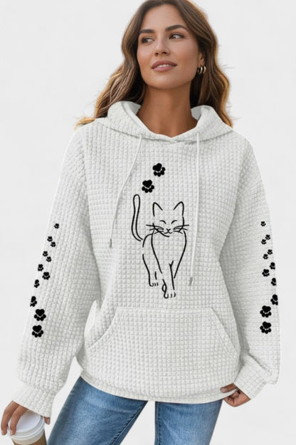 Weißer Hoodie mit schwarzem Katzen- und Pfotenprint