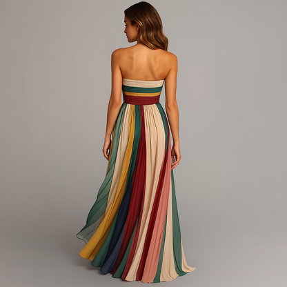 Bandeau Maxikleid Damen | Buntes Gestreiftes Sommerkleid | Plissiert