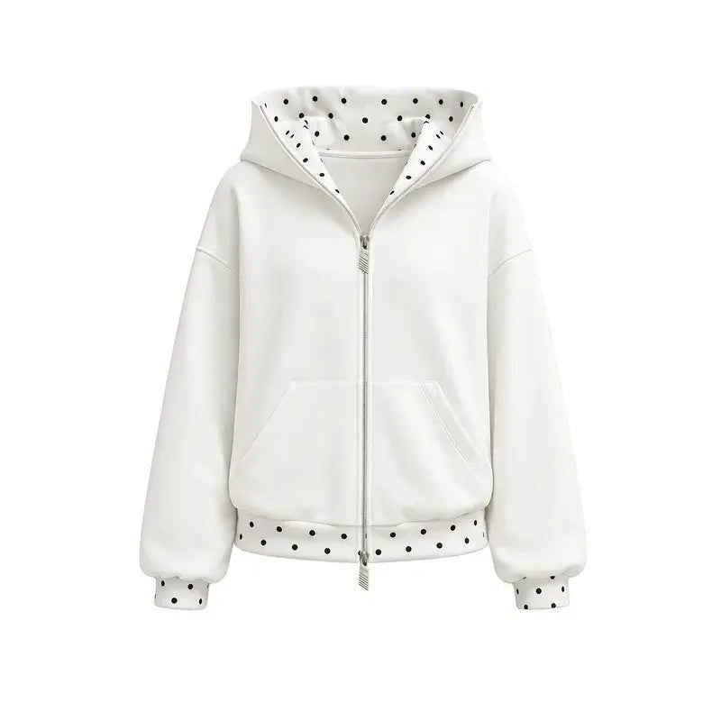 Cremefarbener Hoodie mit Reißverschluss und Punktebesatz, Produktansicht