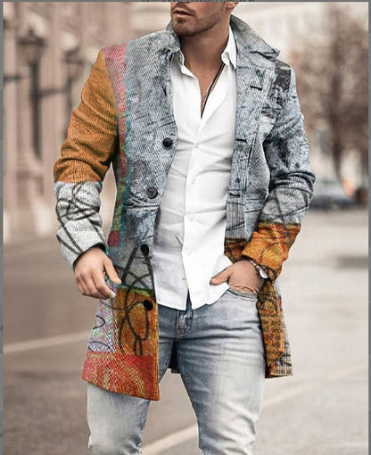 Blaugrauer Herrenmantel mit senffarbenem Patchwork