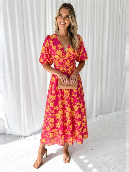 Maxikleid Damen – Blumenkleid mit V-Ausschnitt und Puffärmeln-HauteBerlin