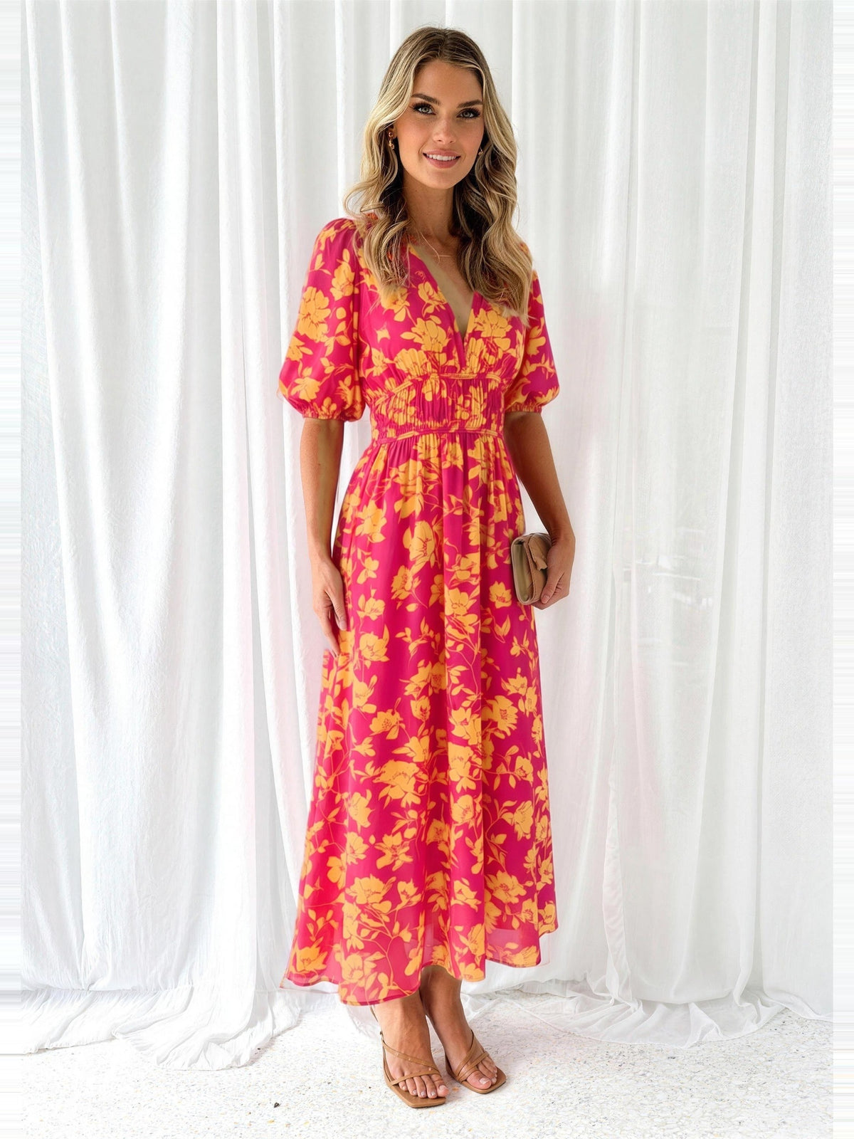 Maxikleid Damen – Blumenkleid mit V-Ausschnitt und Puffärmeln-HauteBerlin