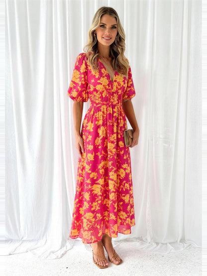 Maxikleid Damen – Blumenkleid mit V-Ausschnitt und Puffärmeln-HauteBerlin