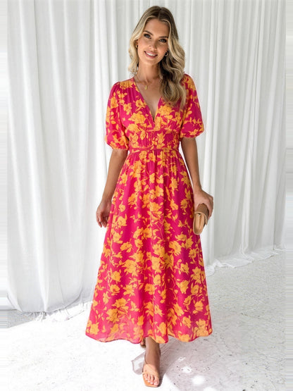 Maxikleid Damen – Blumenkleid mit V-Ausschnitt und Puffärmeln-HauteBerlin
