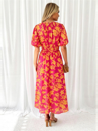 Maxikleid Damen – Blumenkleid mit V-Ausschnitt und Puffärmeln, Rückansicht-HauteBerlin