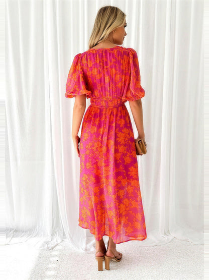 Midikleid Damen – Blumenkleid mit V-Ausschnitt und Puffärmeln-HauteBerlin