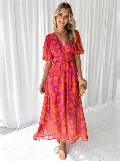 Midikleid Damen – Blumenkleid mit V-Ausschnitt und Puffärmeln-HauteBerlin