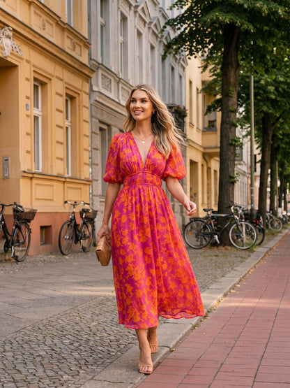 Midikleid Damen – Blumenkleid mit V-Ausschnitt und Puffärmeln-HauteBerlin