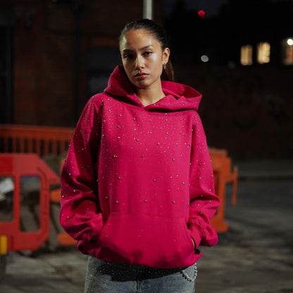 Pinker Oversize-Hoodie mit Strass und Kängurutasche