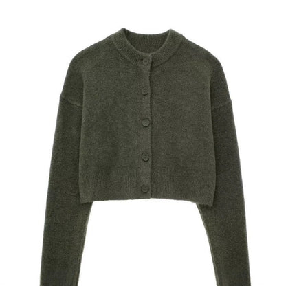 Kurze Strickjacke in Olivgrün mit Rundhals und Knopfleiste