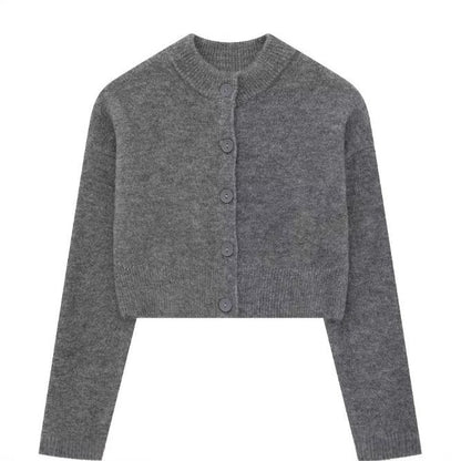 Kurze Strickjacke in Grau mit Rundhals und Knopfleiste